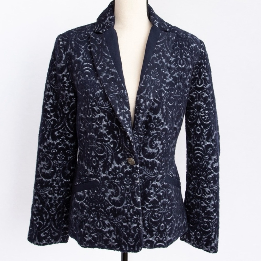 CAbi Blazer Jacket 6 Jacquard Textured Navy Blue Wool Blend Flocked - Picture 11 of 11